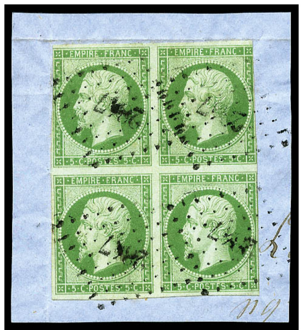 N&deg;12a, 5 C. Vert-jaune, Bloc De 4 Oblit&eacute;r&eacute; PC 2847 Sur Petit Fragment, Touch&eacute;, B - 1853-1860 Napoléon III.