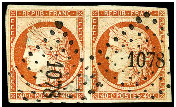 N&deg;5, 40 C. Orange, Paire Horizontale, Oblit&eacute;r&eacute;e PC 1078, TB - 1849-1850 Ceres