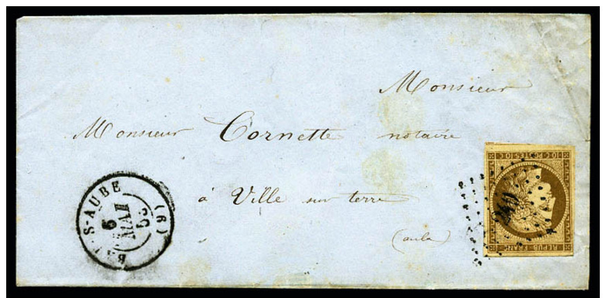 N&deg;1, 10 C. Bistre-jaune, Oblit&eacute;r&eacute; PC 240 Sur LSC Avec C&agrave;d Type 15 De "BAR-S-AUBE" Du 5 Mai 1853 - 1849-1850 Ceres