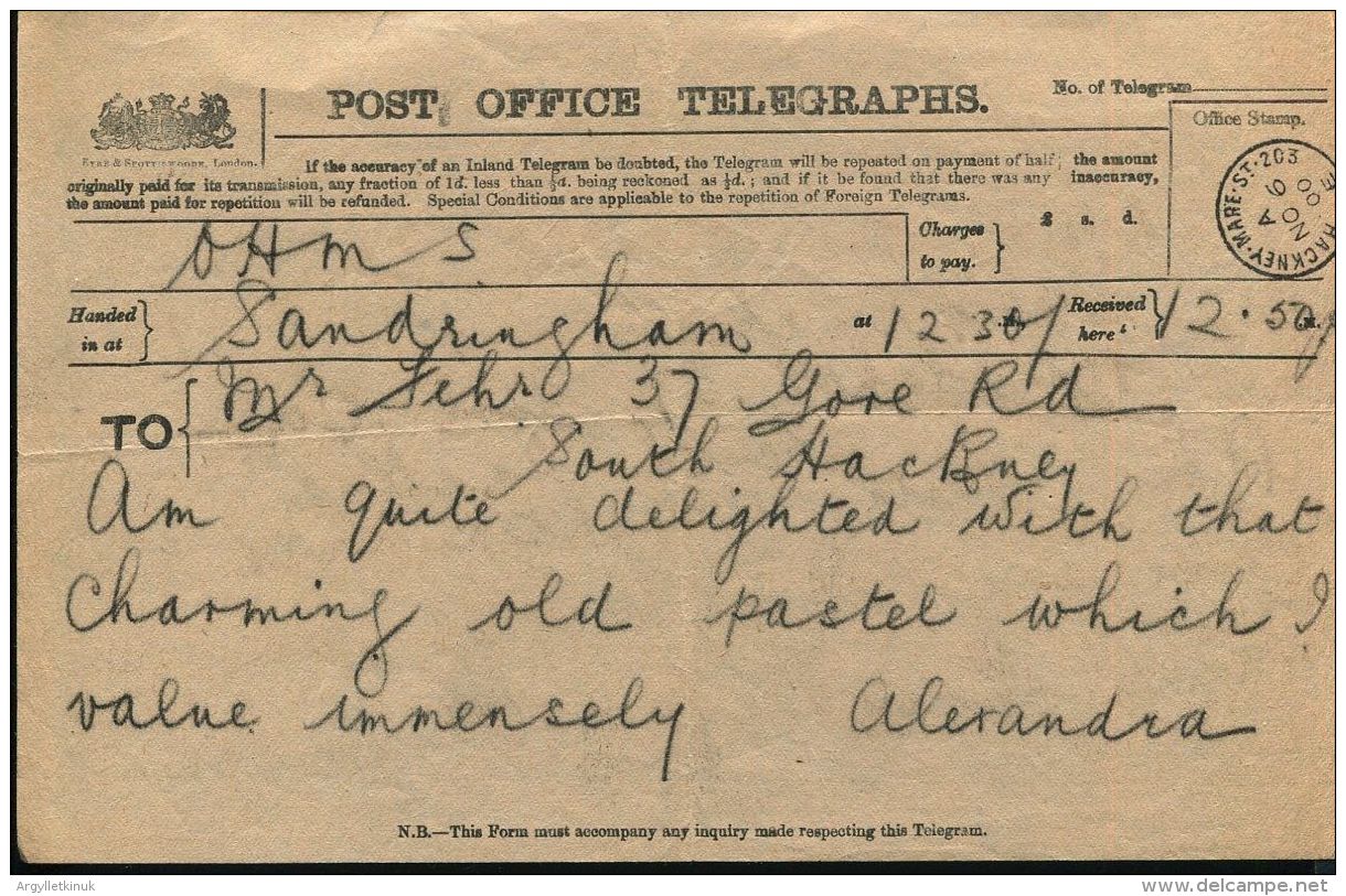 GB TELEGRAPH STATIONERY SANDRINGHAM NORFOLK QUEEN ALEXANDRA 1900/19 OHMS - Unclassified
