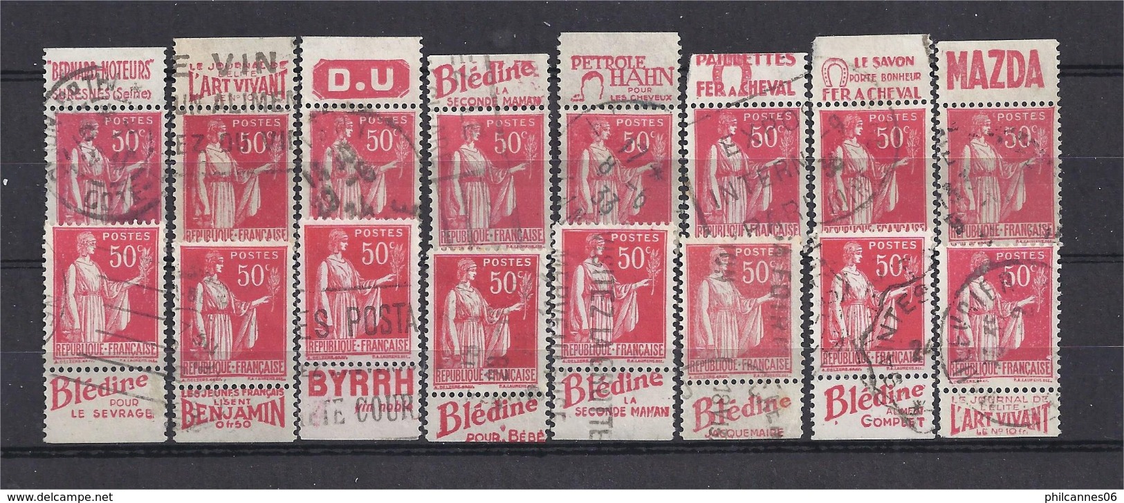 France - Carnets - Pub - Paix 50 C Rouge Yvert N°283 - Lot De 16 Timbres Tous Différents Oblitérés - Other & Unclassified