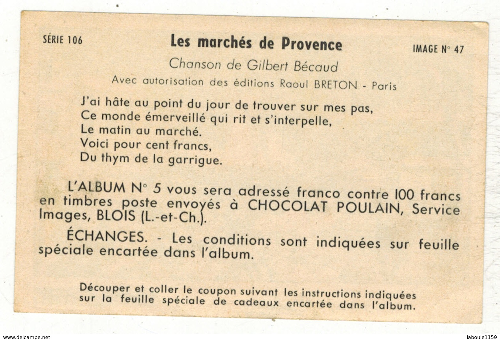 Image Chocolat Poulain Série N° 106 : Les Marchés De Provence => Image N° 47 - Musique Chanson Gilbert BECAUD Calanques - Poulain