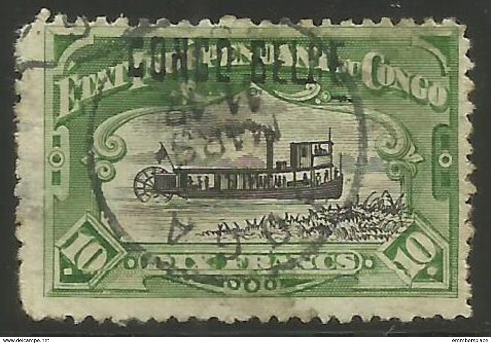 Belgian Congo - 1909 Paddle Steamer Handstamp O/print 10f Black & Green Used  SG 55b   Sc 40b - Used Stamps