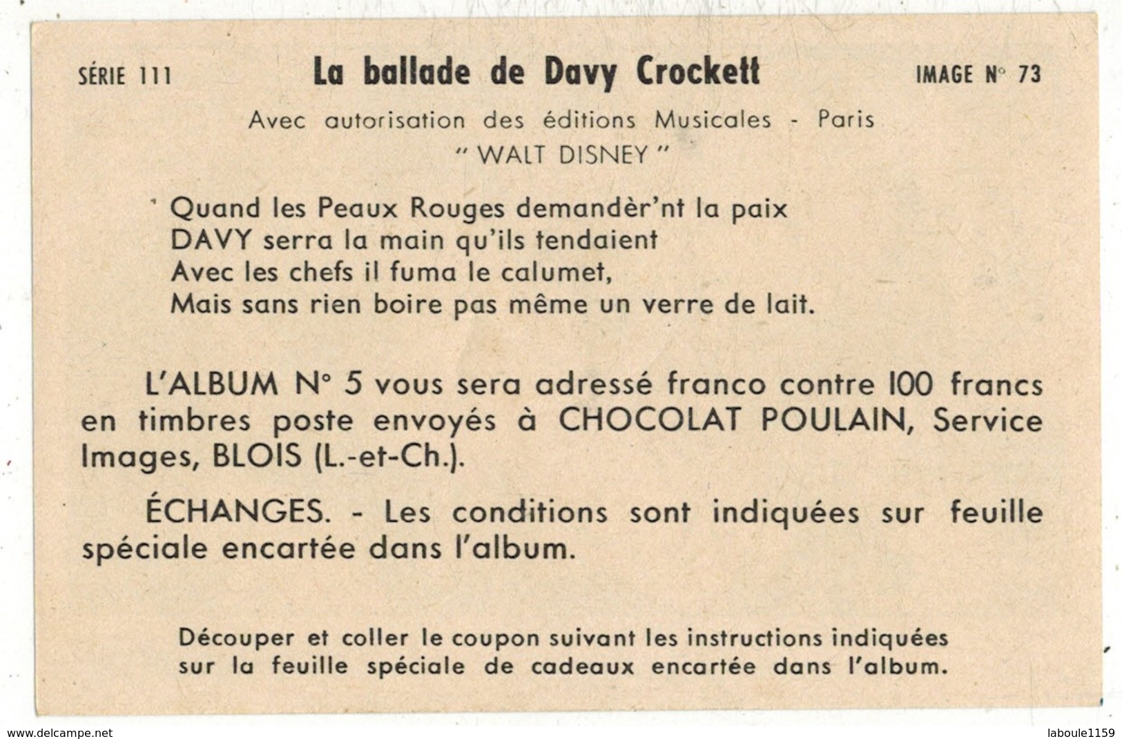 Image Chocolat Poulain Série N° 111 : La Ballade De DAVY CROCKETT => Image N° 73 - Musique Chanson Calumet Peaux Rouges - Poulain