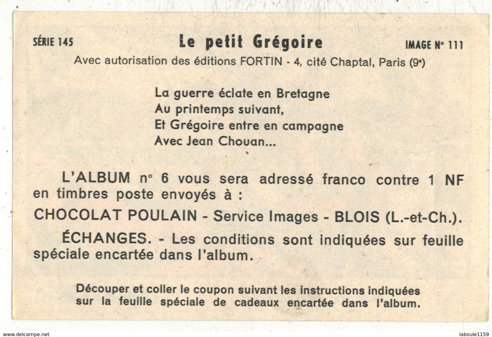 Image Chocolat Poulain Série N° 145 : Le Petit GREGOIRE => Image N° 111 - Bretagne Jean CHOUAN - Poulain