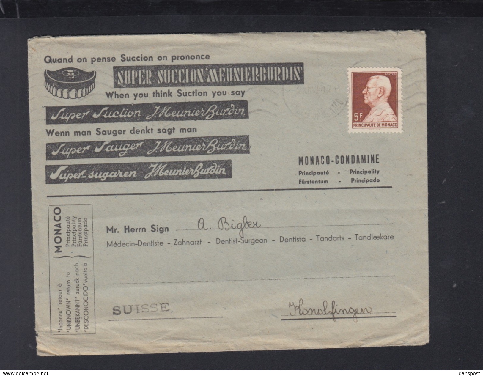 Monaco Lettre Super Succion Meunier-Burdin - Storia Postale