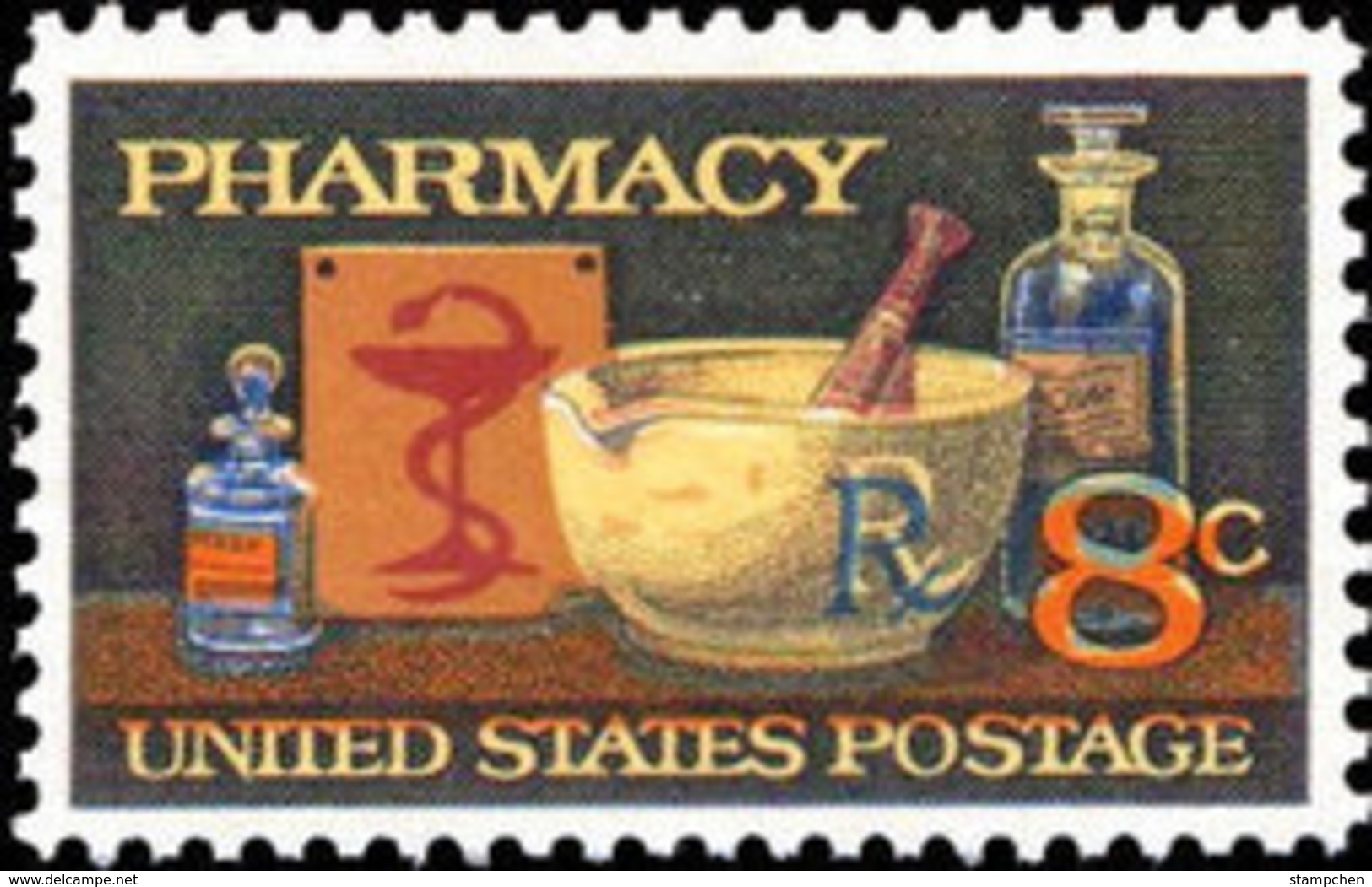 1972 USA 120th Anni American Pharmaceutical Association Stamp Sc#1473 Health Pharmacy Medicine Bowl Pestle Snake - Snakes