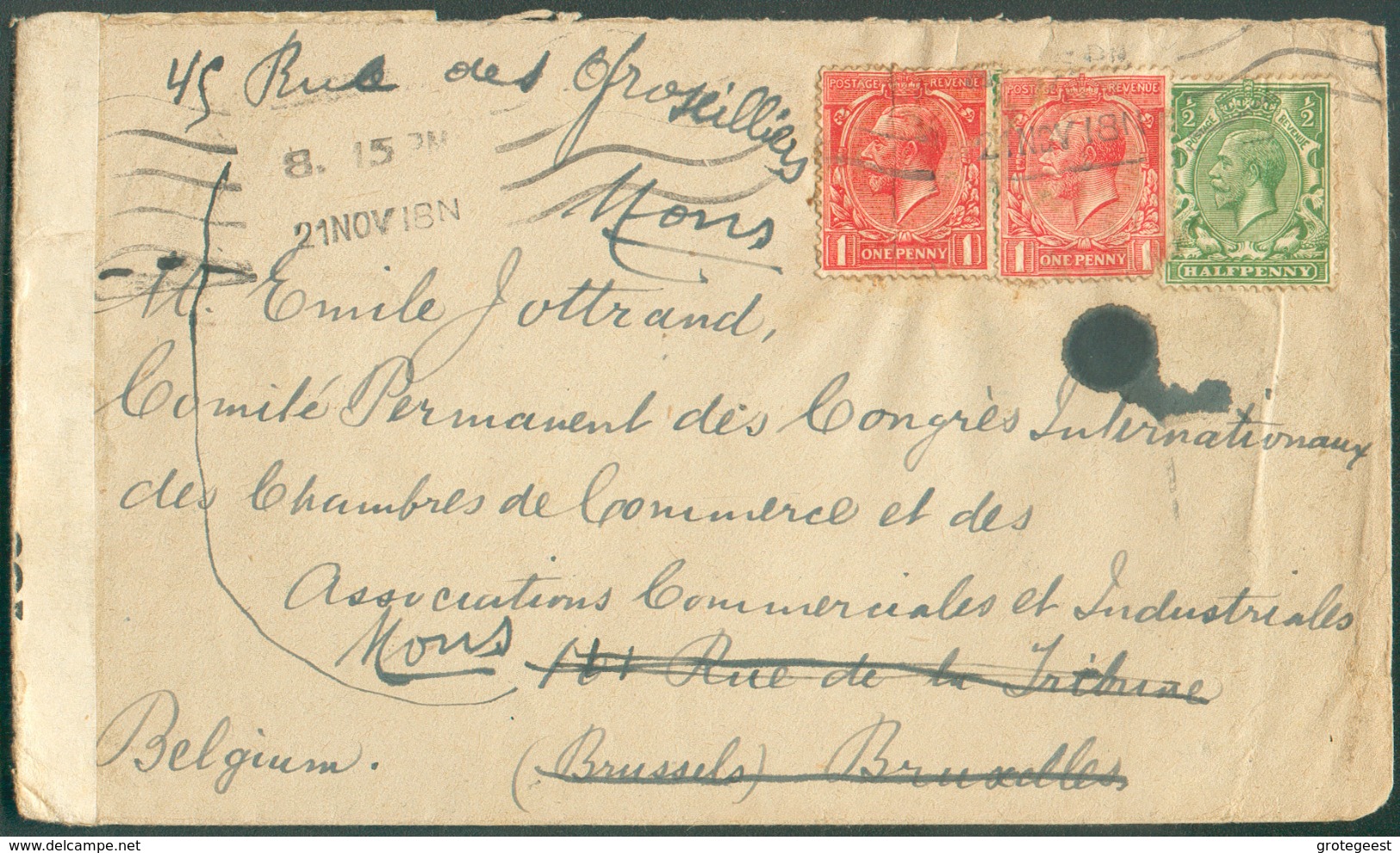 Lettre Affr. à 2½p Obl. Mécanique De LONDON 21 Nov. 1918 Vers Bruxelles (arr. Le 28-XII-18) Et Renvoi Vers Mons + Bande - Marcophilie