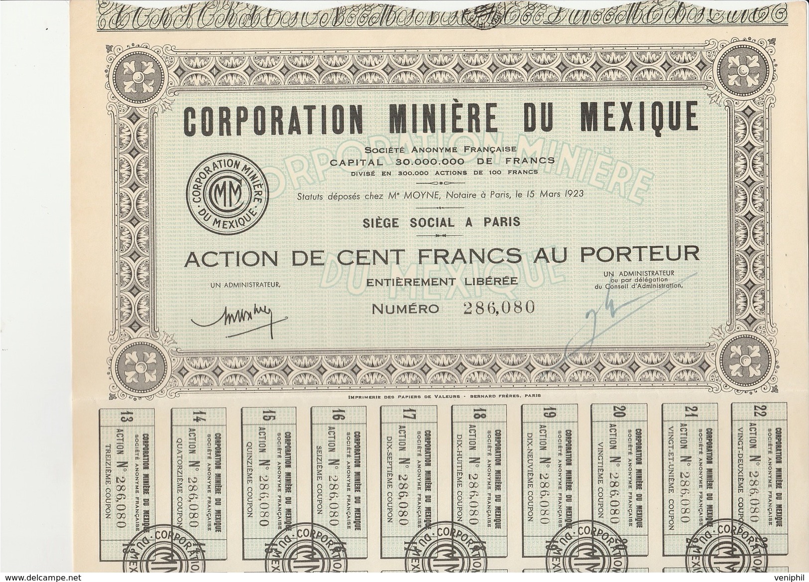 CORPORATION MINIERE DU MEXIQUE - ACTION DE 100 FRANCS -ANNEE 1923 - Mines