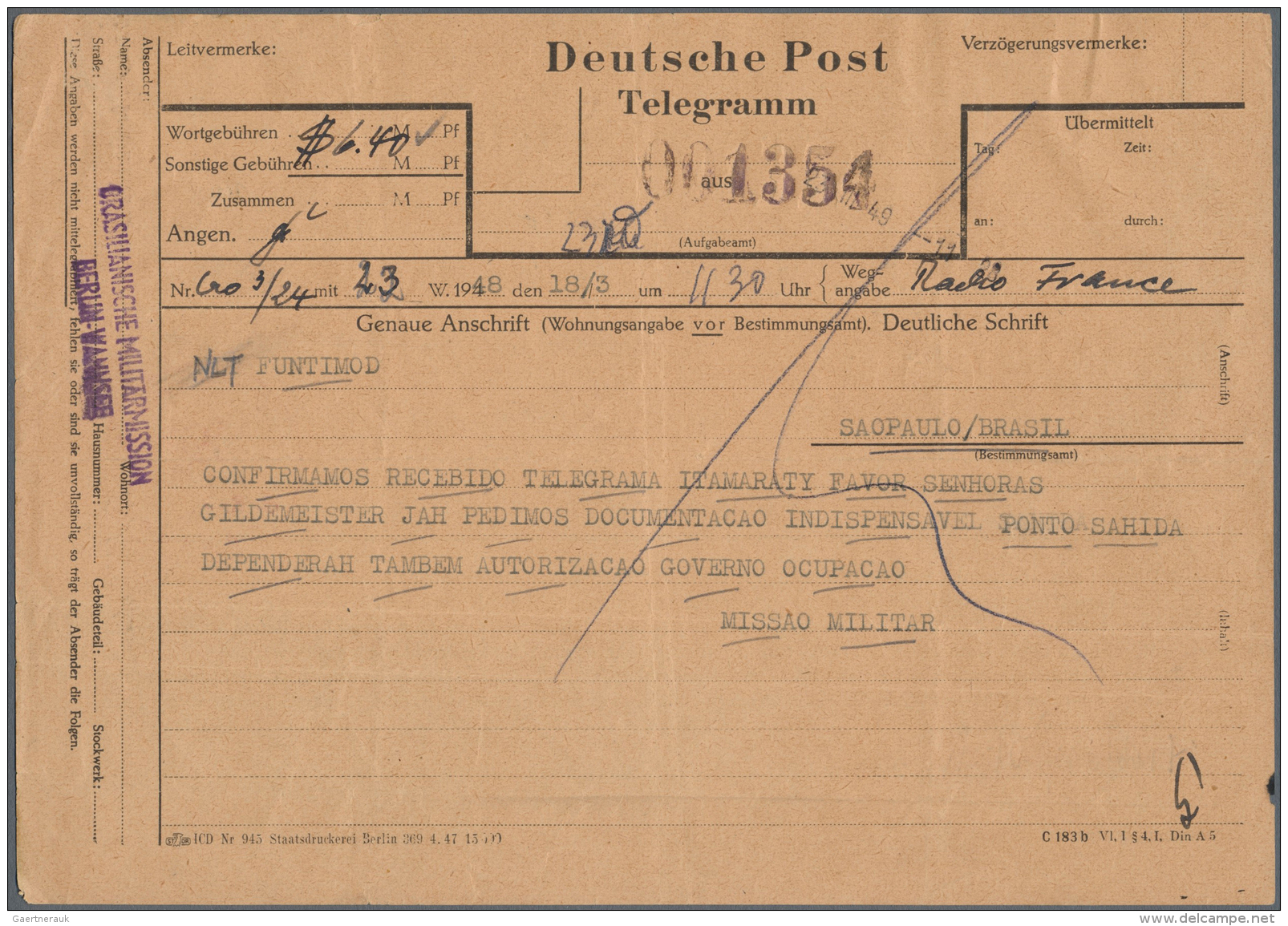 Berlin: 1948/1954,  2 Verschiedene Gebr. Telegramm-Antwortscheine, Beide Aus Berlin Nach Stockholm Bzw. Brasilien - Briefe U. Dokumente