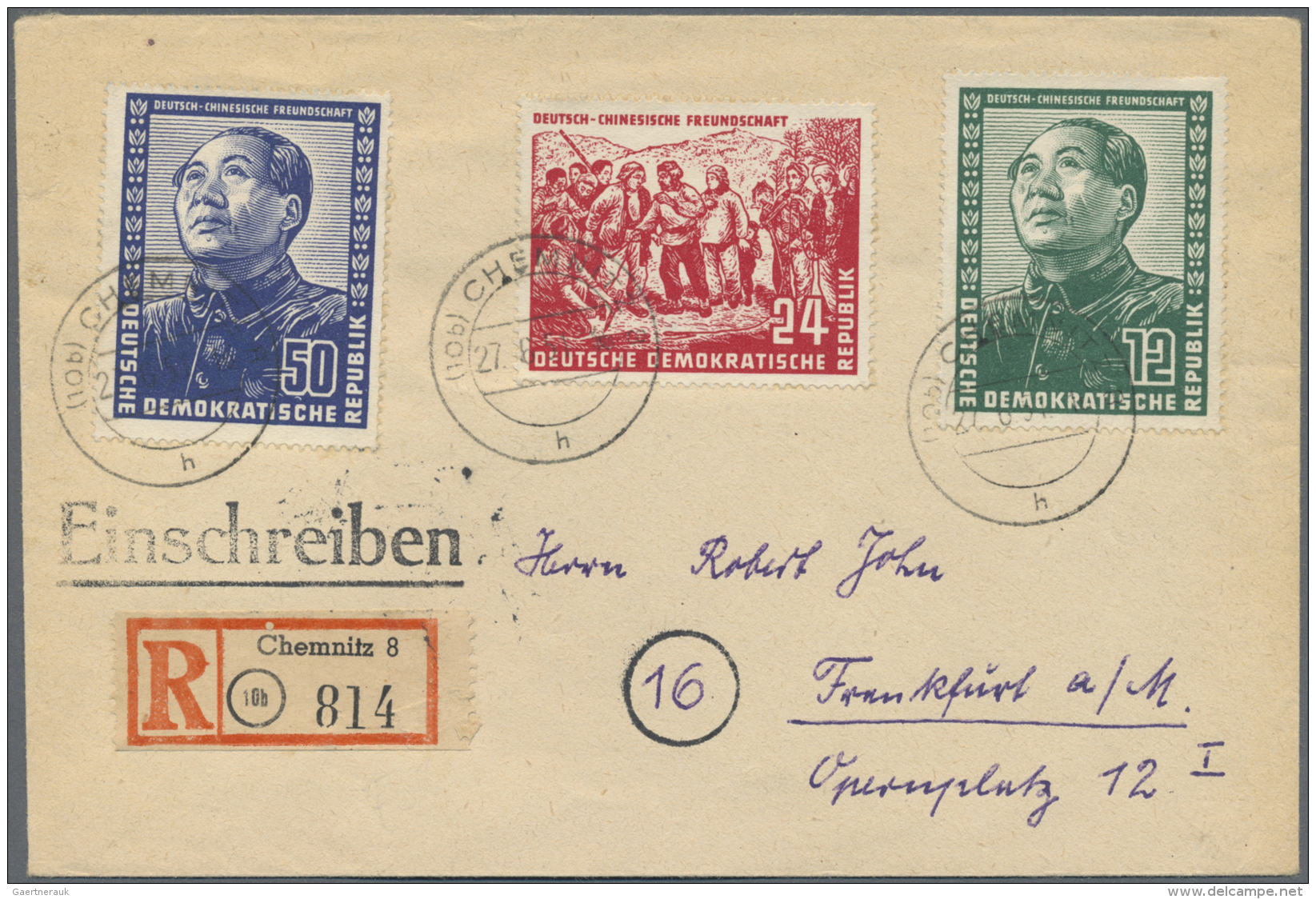 DDR: 1951, Deutsch-Chinesische Freundschaft, 3 Werte Komplett Auf R-Brief Ab "(10 B) CHEMNITZ 8 H 27.6.50.- 16" Nach Fra - Briefe U. Dokumente