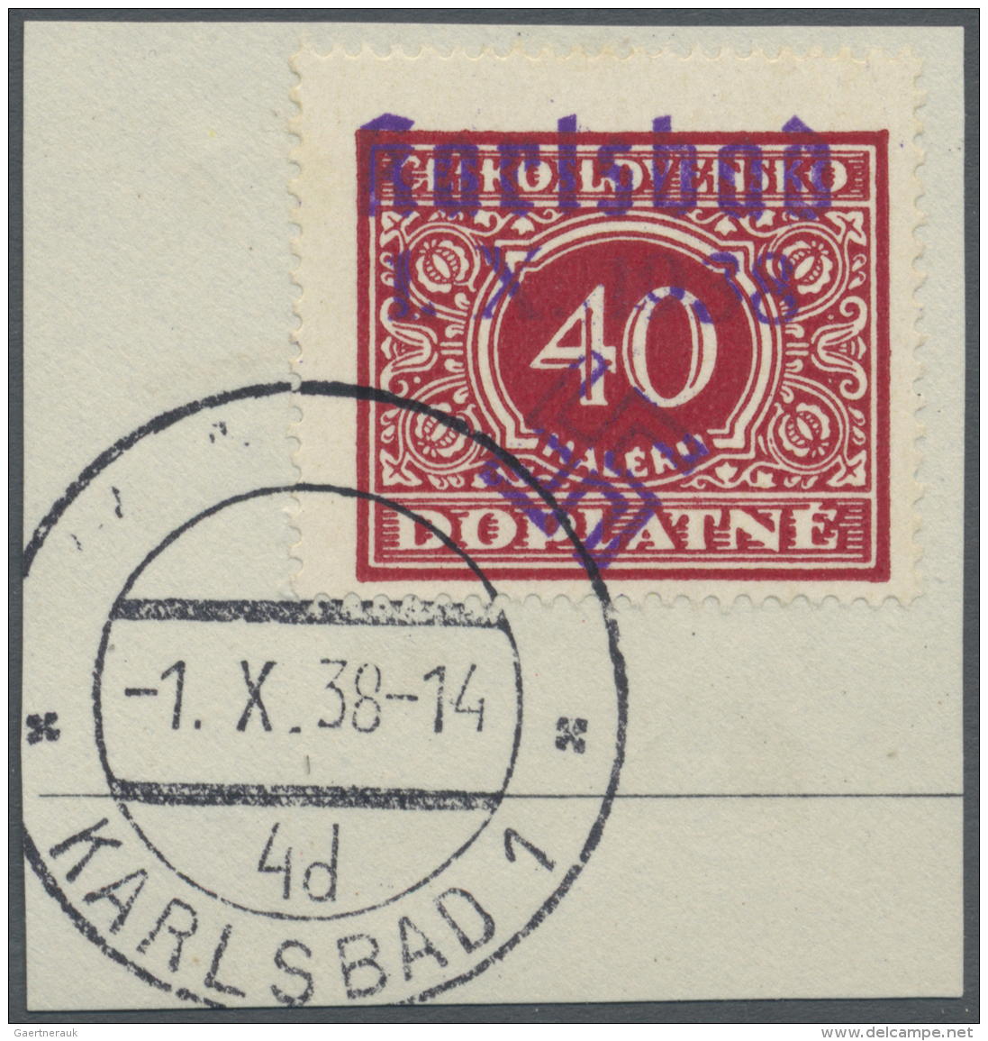 Sudetenland - Karlsbad: 1938, 40 H. Portomarke Mit Ersttagsstempel "KARLSBAD 4d 1.X.38" Auf Briefst&uuml;ck, Kabinett, S - Sudetenland