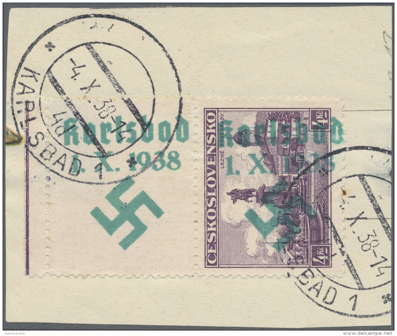 Sudetenland - Karlsbad: 1938, 4 Kc. Freimarke Mit Senkrechtem Leerfeld Oben Und Jeweils Rechtsliegenden Senkrechten Aufd - Sudetenland