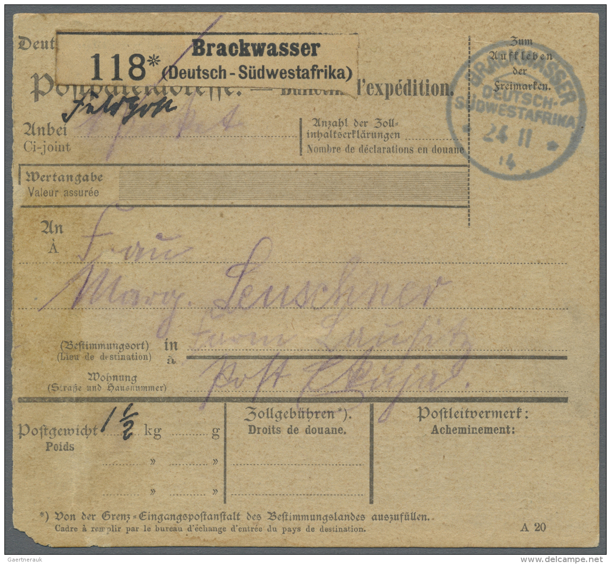 Deutsch-S&uuml;dwestafrika - Besonderheiten: 1914, "BRACKWASSER DEUTSCH-S&Uuml;DWESTAFRIKA 24.11.14" Paketkarte Mit Pake - Deutsch-Südwestafrika