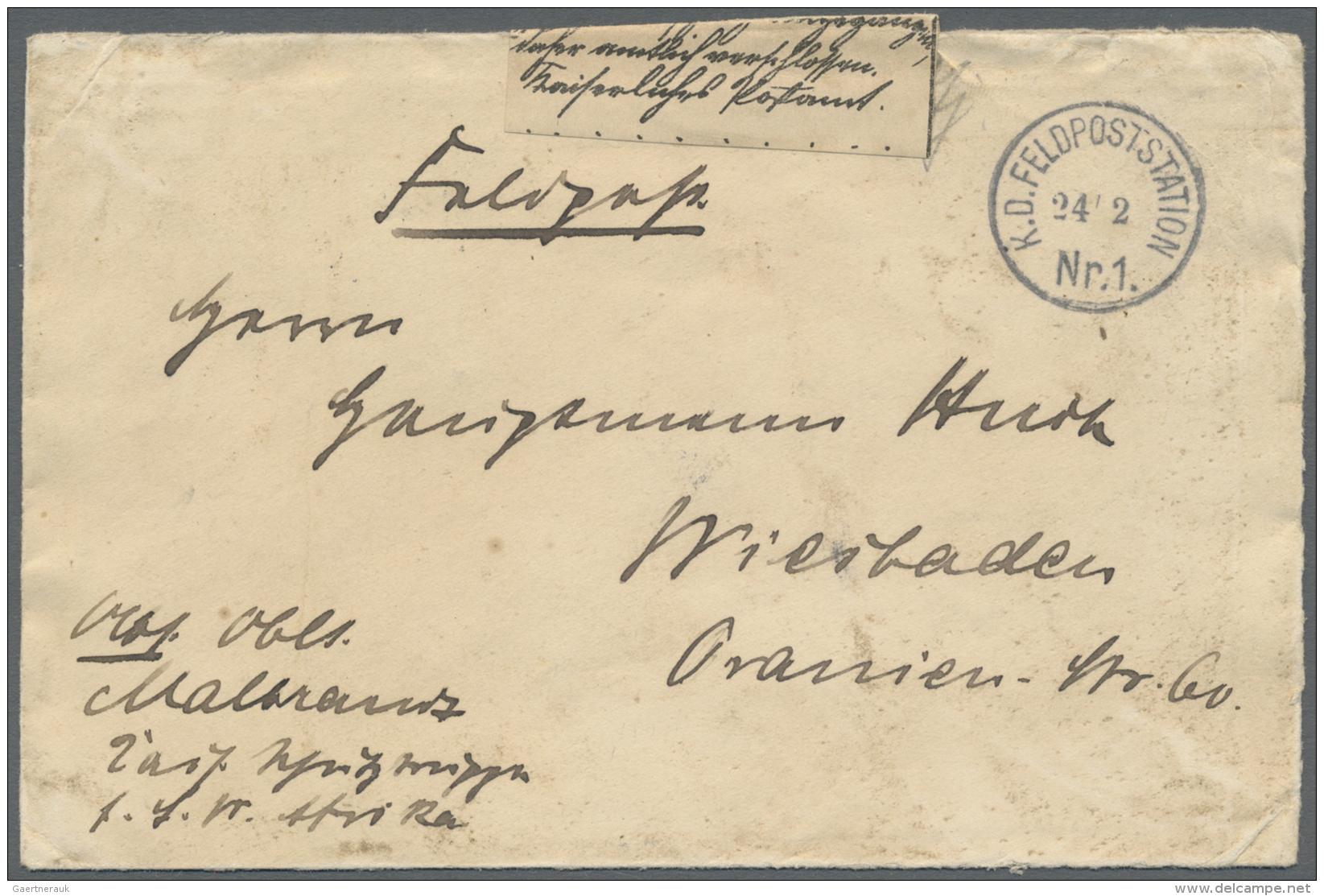 Deutsch-S&uuml;dwestafrika - Stempel: 1905: "K.D. FELDPOSTSTATION Nr 1 24.2." Auf Feldpostbrief Von Oberleutnant Malbran - Deutsch-Südwestafrika