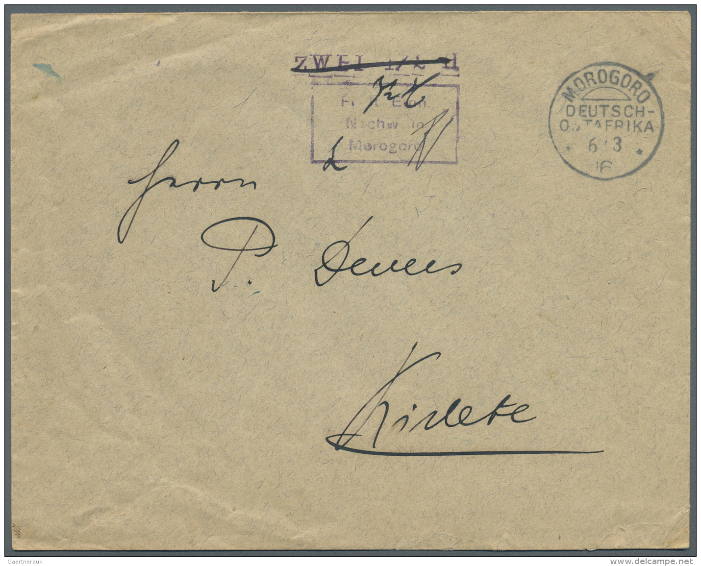 Deutsch-Ostafrika - Stempel: 1916, Brief Mit Barfrankierungsstempel "Fr. Lt. Einn. Nachw. In Morogoro" Und Gro&szlig;er - Deutsch-Ostafrika