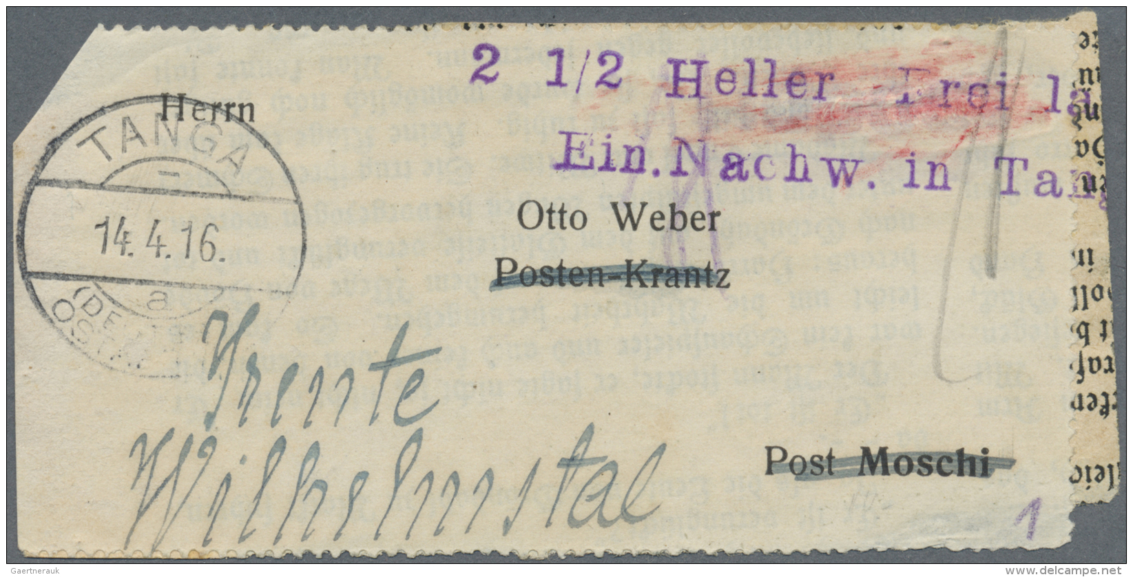 Deutsch-Ostafrika: 1916, "2 1/2 Heller Frei Laut Ein.Nachw. In Tanga" Violetter 2-Zeiler Als Barfreimachung Auf Adresstr - Deutsch-Ostafrika