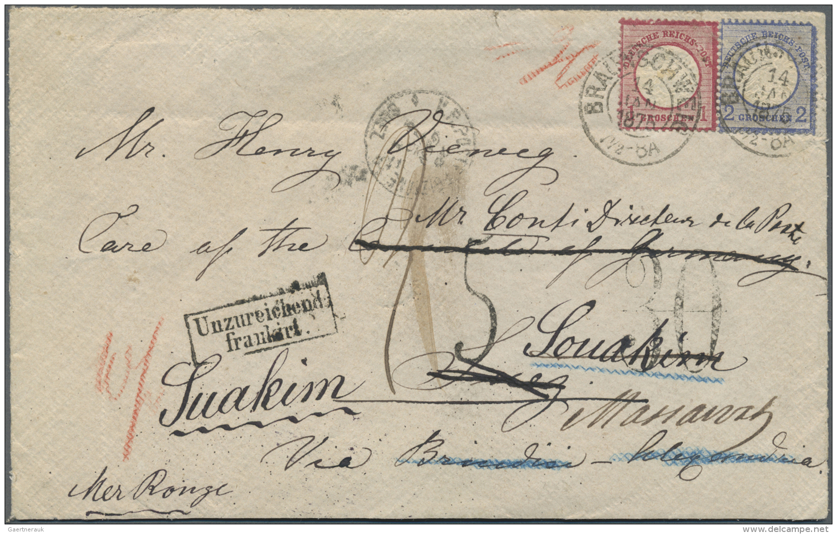 Deutsches Reich - Brustschild: 1875 EINMALIGER BRUSTSCHILD BRIEF NACH &Auml;GYPTEN UND WEITERGESANDT NACH SUDAN UND &Aum - Briefe U. Dokumente