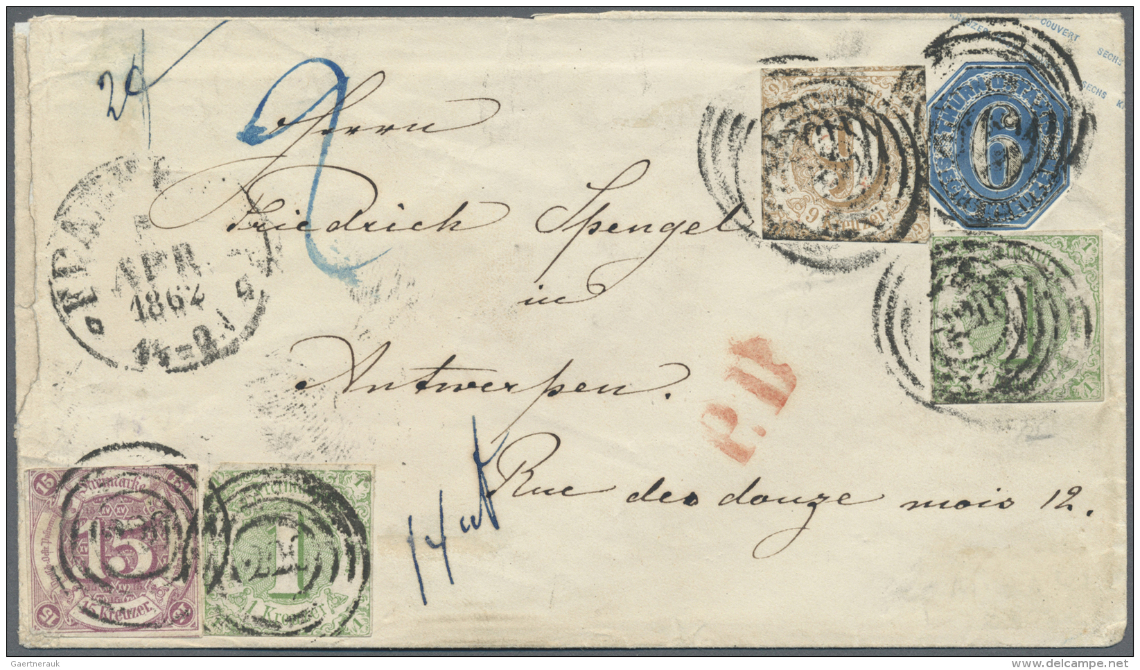 Thurn &amp; Taxis - Ganzsachen: 1861 Ganzsachen-Umschlag 6 Kr. Blau Mit Zusatzfrankatur 15 Kr. Violett, 2x 1 Kr. Gr&uuml - Sonstige & Ohne Zuordnung