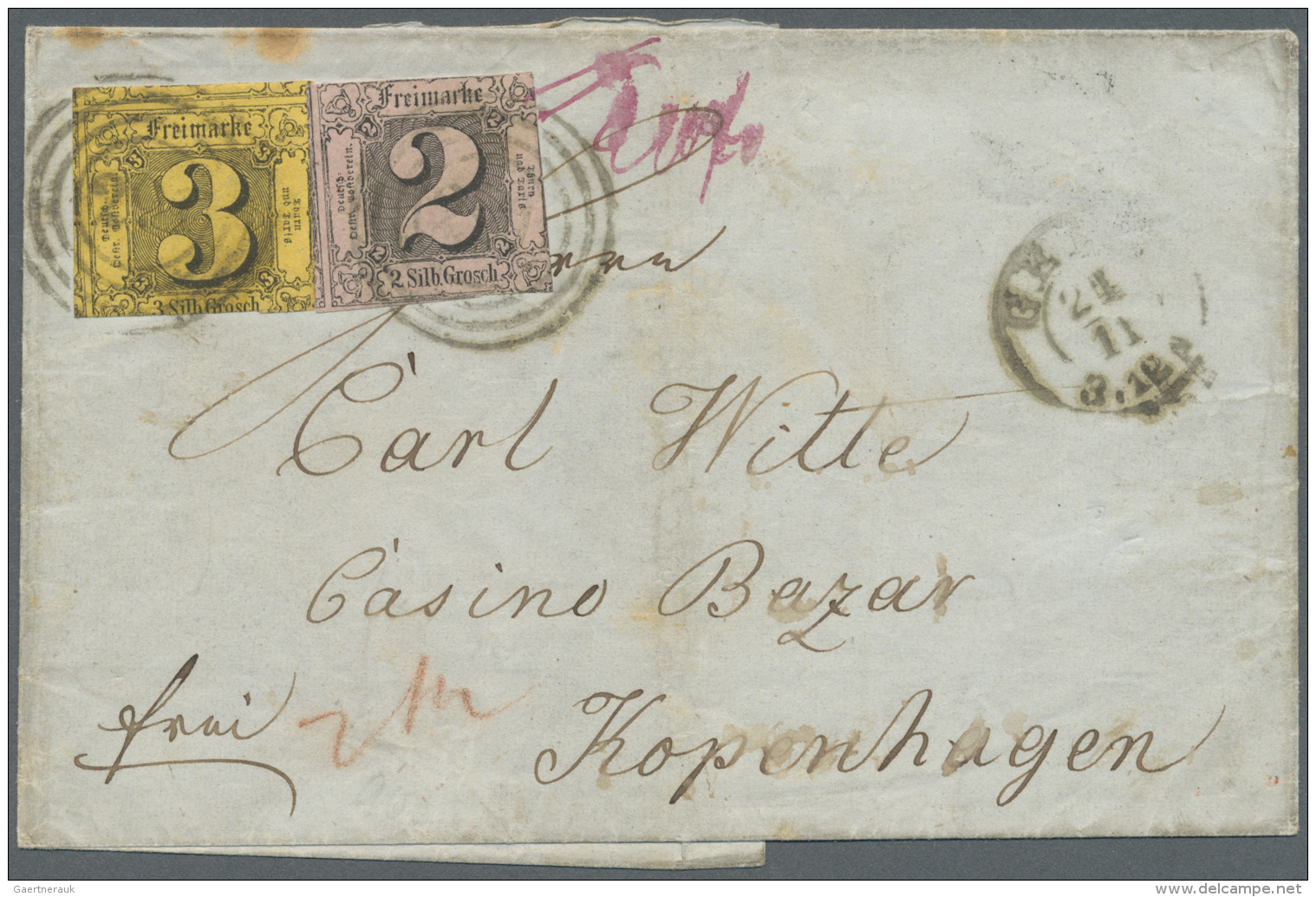 Thurn &amp; Taxis - Marken Und Briefe: 1856, 2 Gr Schwarz Auf Rosa + 3 Gr Schwarz Auf Gelb Auf Brief Nach Kopenhagen.  D - Sonstige & Ohne Zuordnung