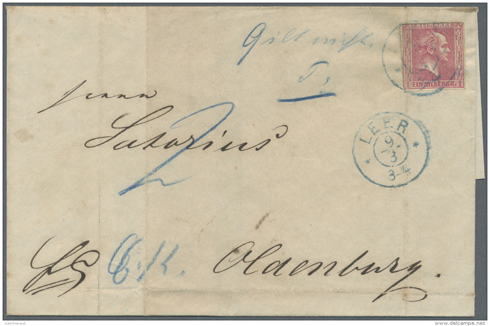 Hannover - Kreisstempel: "LEER 9/3 (1861)" Blauer Hannover-K2 Auf Brief Mit PREUSSEN Marke 1858, 1 Sgr. Rosa !! -Eine Fa - Hanover