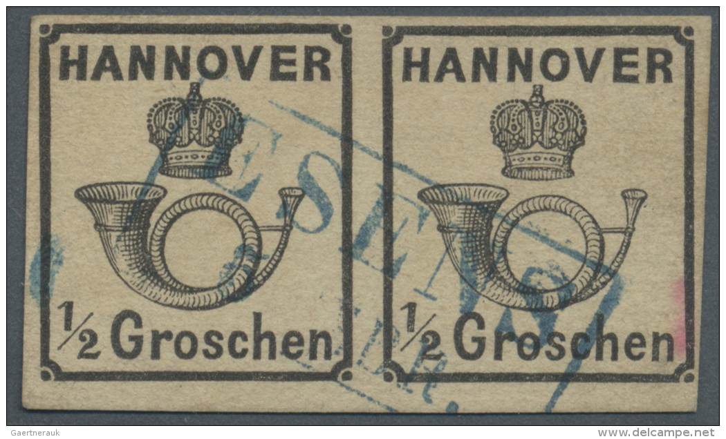 Hannover - Marken Und Briefe: 1860, 1/2 Gr. Schwarz Als Gestempeltes, Waagerechtes Paar Mit Blauem Ra 2. Rs. Rosa Signum - Hanover