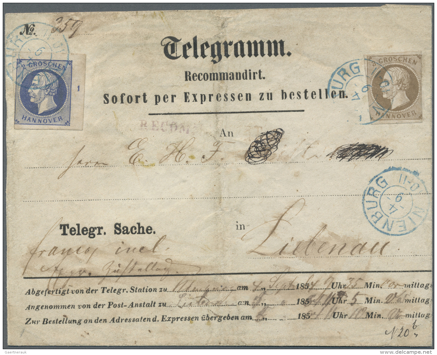 Hannover - Marken Und Briefe: 1864: Frankierter Telegrammumschlag Von Nienburg Nach Liebenau, Frankiert Mit KGV. 2 Gr. D - Hannover