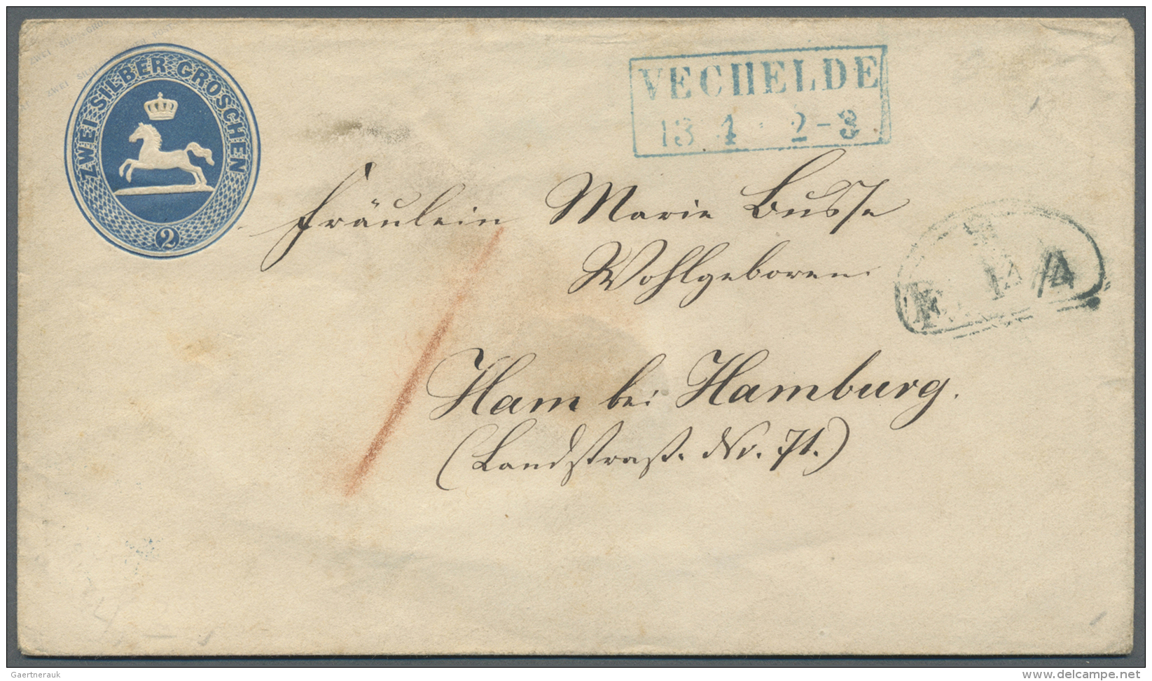 Hamburg - Besonderheiten: Incoming Mail: 1855 (ca.), Braunschweig 2 Sgr. Ganzsachenumschlag Aus "VECHELDE 13.4." Nach Ha - Hamburg