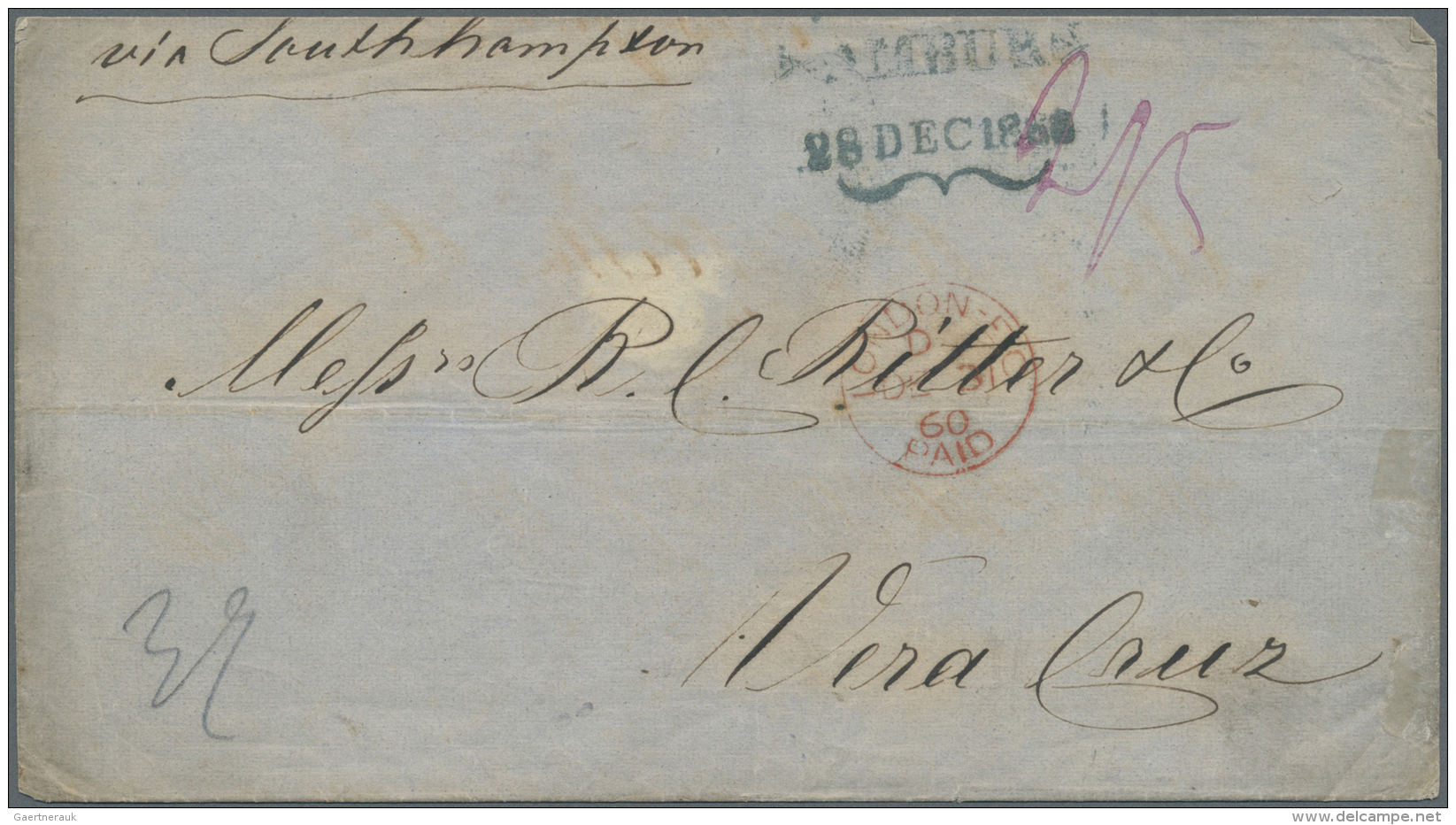 Hamburg - Stempel: 1860, Markenloser &Uuml;berseebrief: Schmetterlingsstempel "HAMBURG / 28 DEC 1860" In BLAU! Auf Brief - Hamburg (Amburgo)