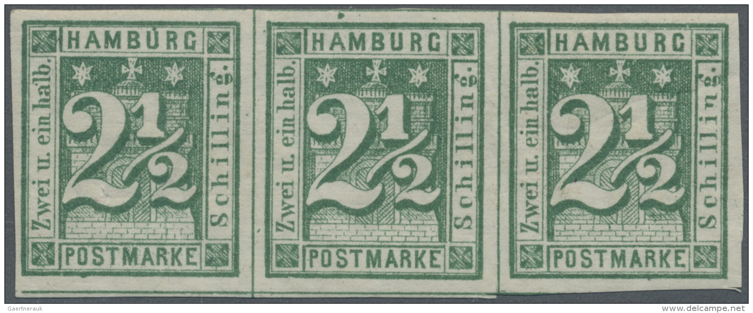 Hamburg - Marken Und Briefe: 1864, 2 1/2 S. Dunkelgr&uuml;n, Ungebrauchter Waagerechter Dreierstreifen, Kleine Anhaftung - Hamburg