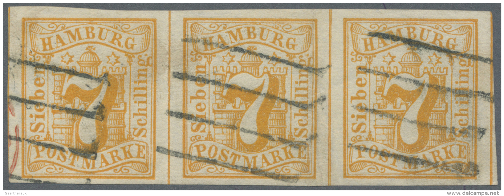 Hamburg - Marken Und Briefe: 1859, 7 S Gelborange Im Breitrandigen Waagrechten Dreierstreifen Mit Je Zentrischem 4-Stric - Hamburg (Amburgo)