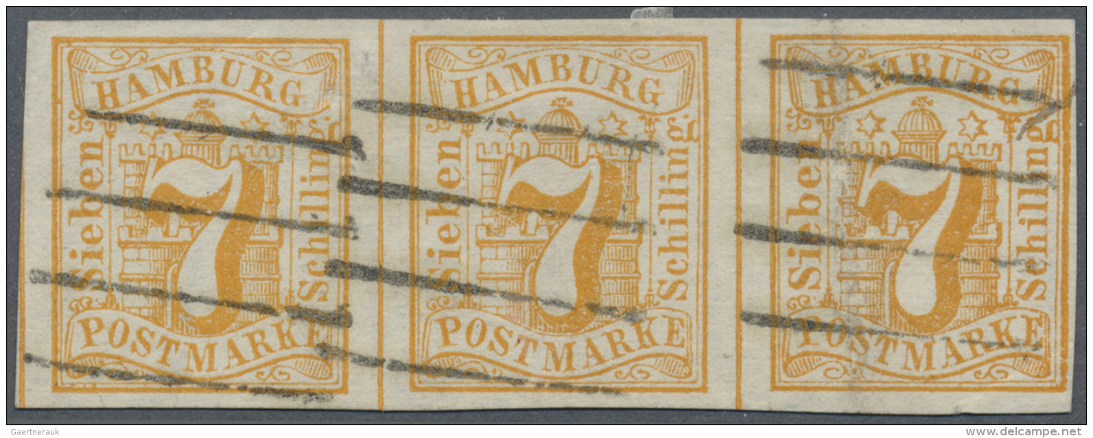 Hamburg - Marken Und Briefe: 1859, Waagrechter Dreierstreifen 7 S Orange Je Mit 4-Strich Stempel Entwertet, Farbfrisch U - Hamburg (Amburgo)