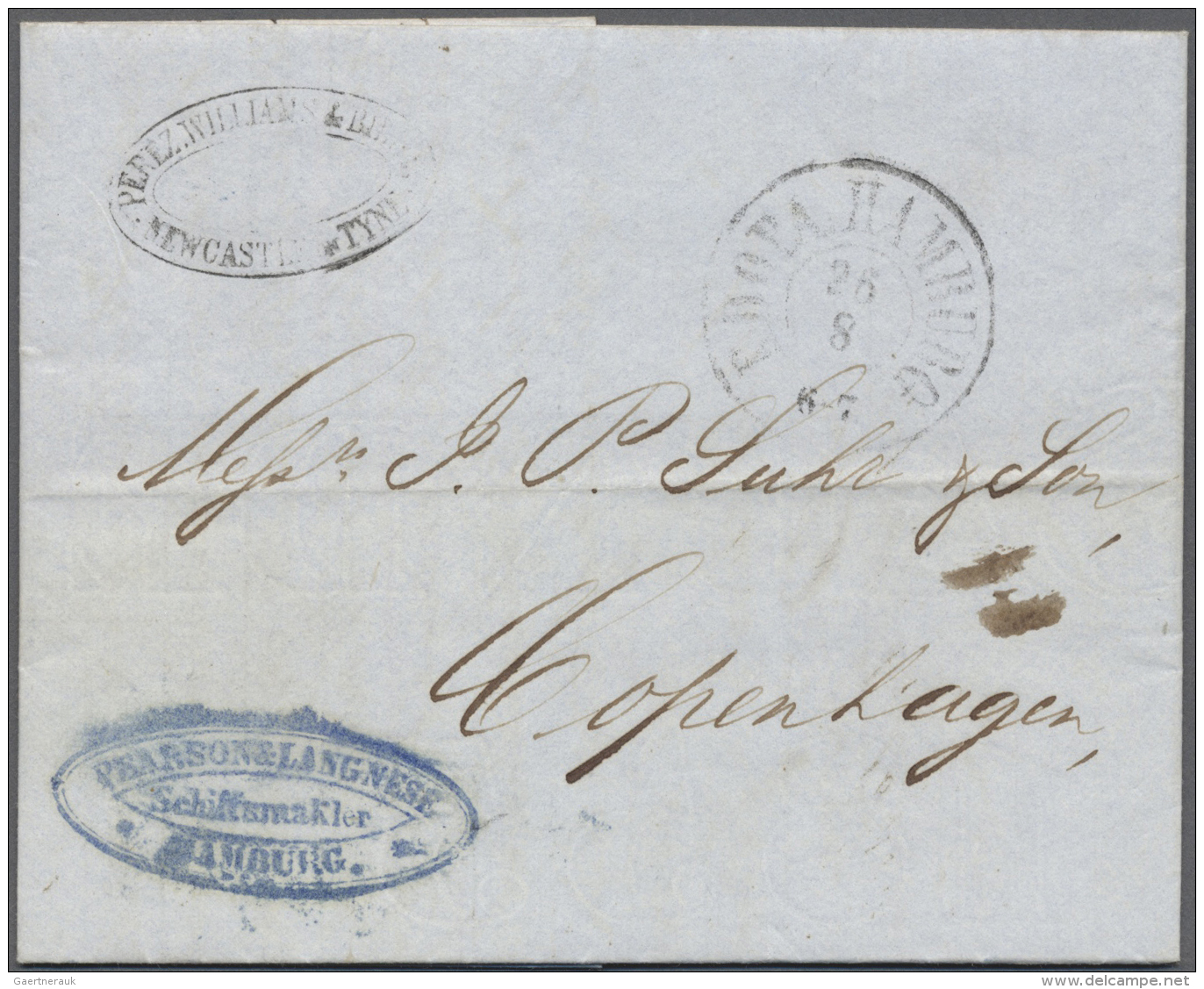 Hamburg - Vorphilatelie: 1858: Pearson &amp; Langnese Hamburg, Blauer Ovalstempel Des Forwarding-Agenten (bei Rowe Nicht - [Voorlopers