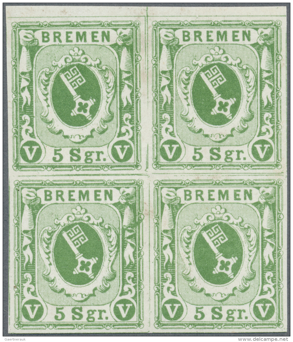 Bremen - Marken Und Briefe: 1859, 5 Sgr. Gr&uuml;n Im Postfrischen Viererblock. Farbfrische, Vollrandige Einheit Vom Obe - Bremen