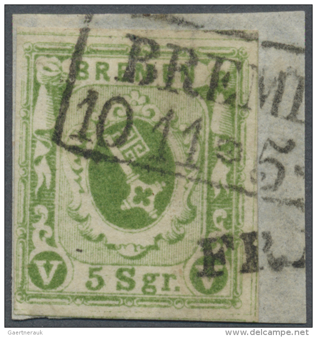 Bremen - Marken Und Briefe: 1859, 5 Sgr. Moosgr&uuml;n, Geschnitten, Mit Schwarzem Rahmenstempel "BREME(N) 10 11 * 5 (-6 - Bremen