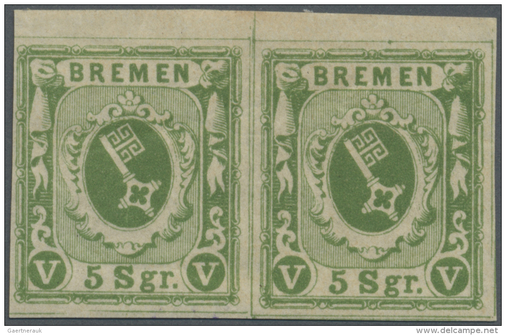 Bremen - Marken Und Briefe: 1859, 5 Sgr. Gelbgr&uuml;n Im Waagr. Paar Vom Oberrand, Allseits Voll- Bis Breitrandig Und F - Bremen