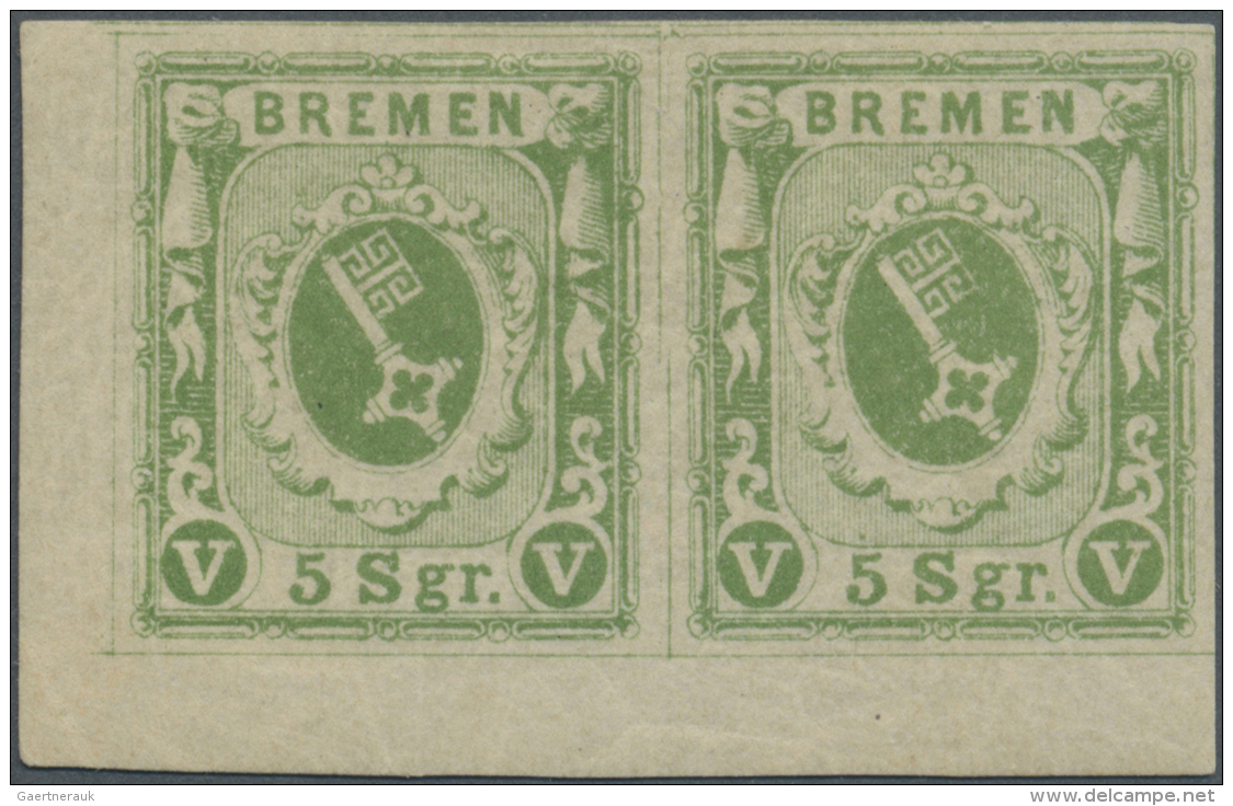 Bremen - Marken Und Briefe: 1859, 5 Silbergroschen Dunkelolivgr&uuml;n, Geschnittenes Waagerechtes Paar In Ungebrauchter - Bremen