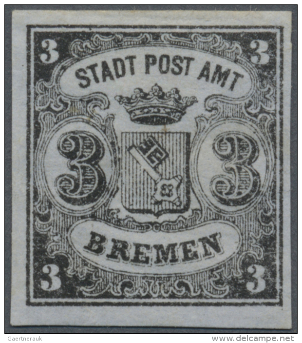 Bremen - Marken Und Briefe: 1855, 3 (Gr) Schwarz Auf Blaugrau, Senkrecht Gestreiftes Papier, Ungebraucht Mit Falzrest, S - Bremen