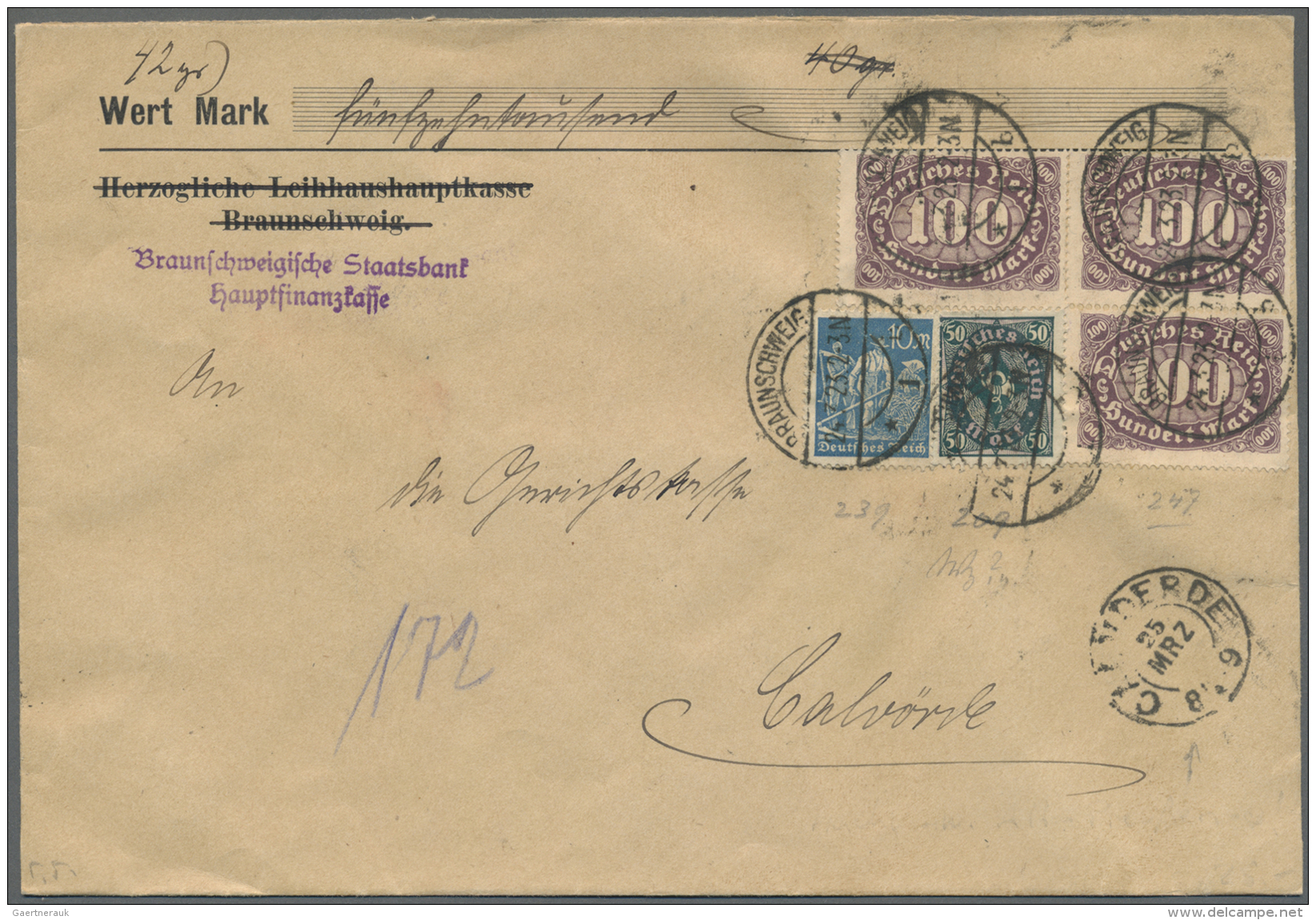 Braunschweig - Nachverwendete Stempel: CALVOERDE - Alter K2 Als Ankunftstempel Auf INFLA-Brief Aus Braunschweig Von 1923 - Braunschweig