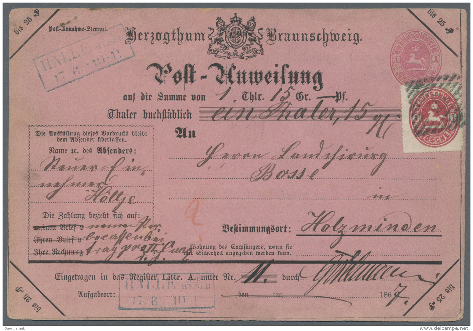 Braunschweig - Ganzsachen: 1865, Postanweisung 1 Gr. Karmin Mit Zusatzfrankatur Ovalausgabe 1 Gr. (Eckr Rechts Unten Win - Brunswick