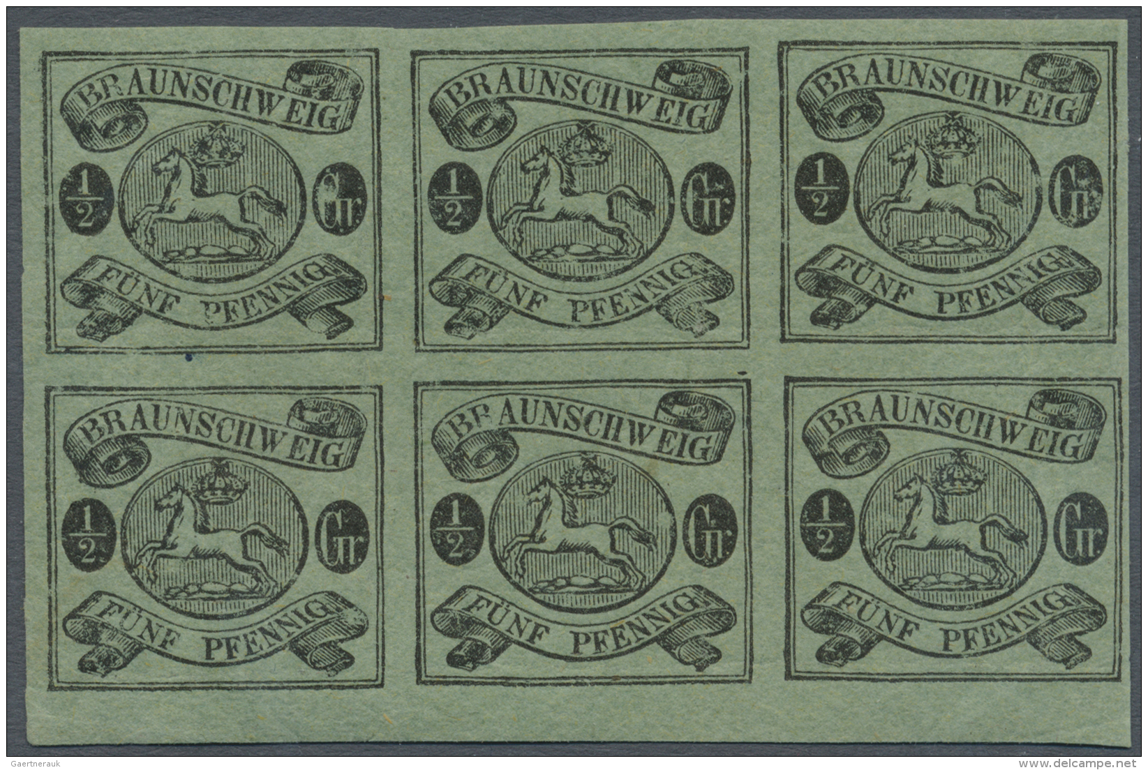 Braunschweig - Marken Und Briefe: 1861, &frac12; Gr. Schwarz/lebh. Graugr&uuml;n, D&uuml;nnes Papier, Postfrischer 6er-B - Braunschweig