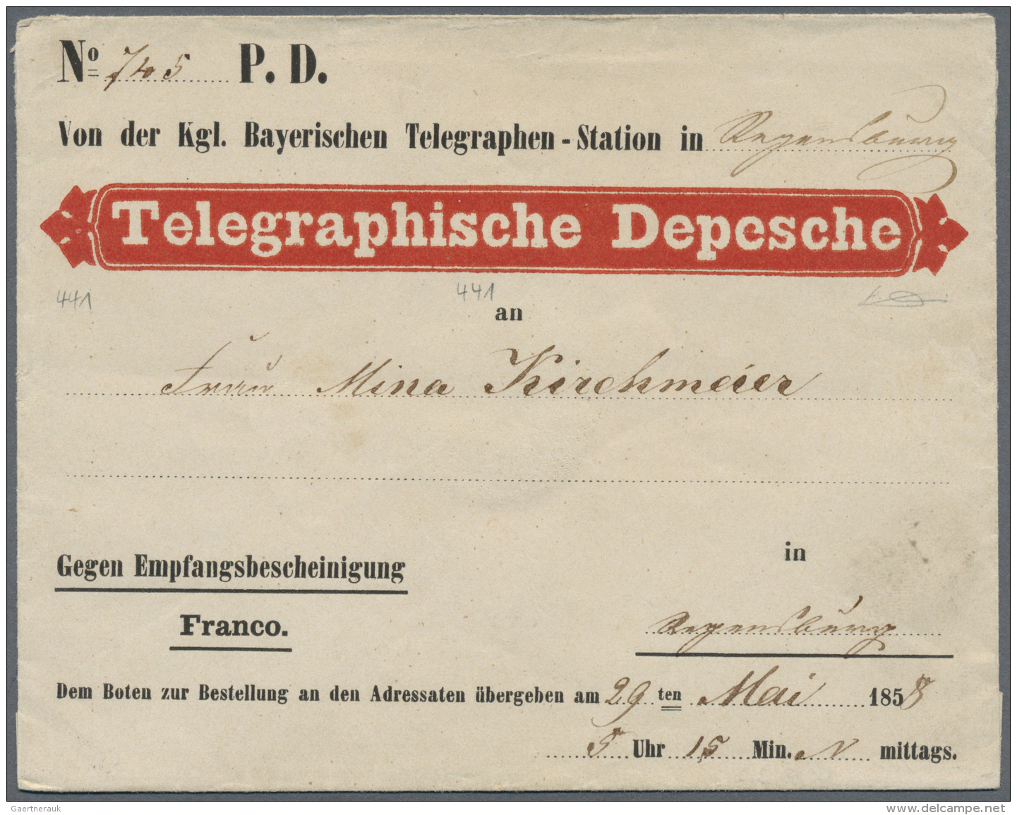 Bayern - Besonderheiten: 1858/1880, "Telegraphische Depesche" Umschlag In Regensburg 1858 Gelaufen Und "Telegramm" Mit T - Andere & Zonder Classificatie