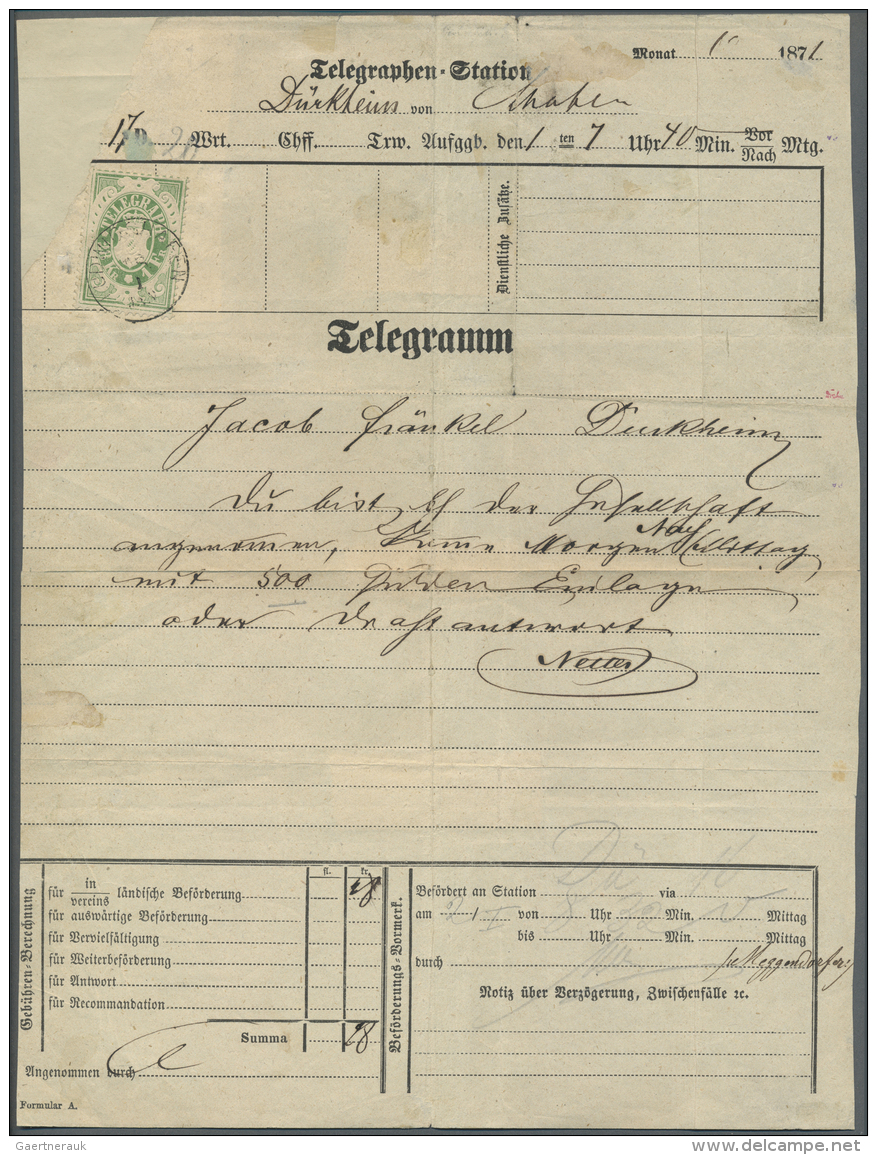 Bayern - Telegrafenmarken: 1870, 28 Kr./1 Fr. Dunkelgr&uuml;n Mit Stempel "LUDWIGSHAFEN 1.12.(71)" Auf Komplettem Telegr - Altri & Non Classificati