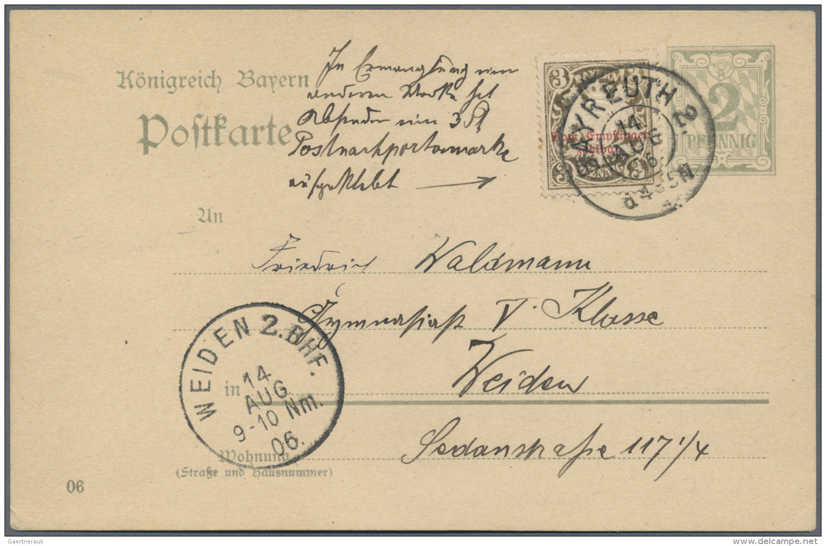 Bayern - Portomarken: 1906, Portomarke 3 Pf. (oxidiert) Als Zusatz Auf Privater Postkarte 2 Pf. Ziffer Auf Raute Mit K2 - Altri & Non Classificati