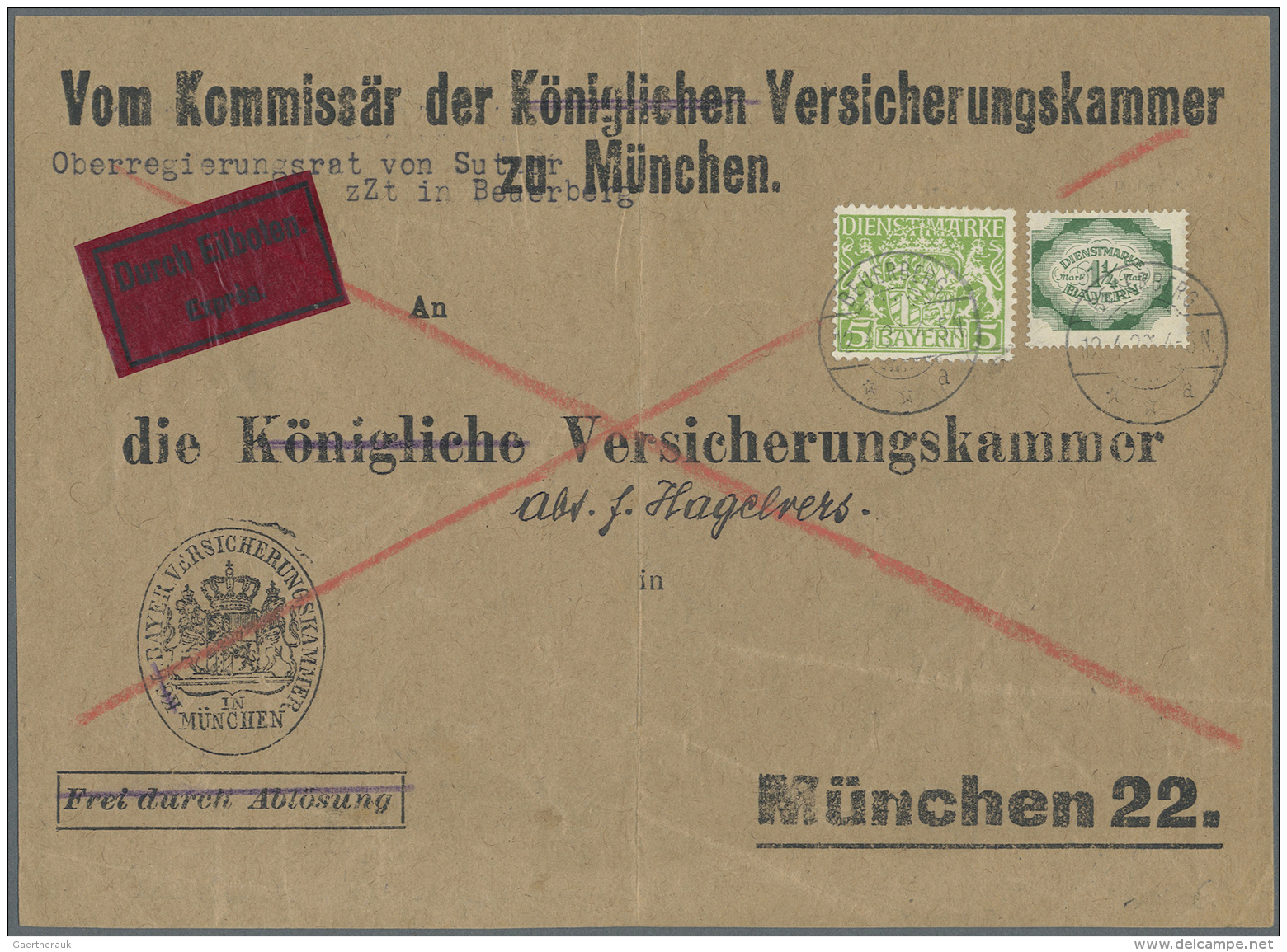 Bayern - Dienstmarken: 1920, 1 1/4 Mark Dienst Abschied Mit 5 Pf. Dienst Wappen Auf Vorderseite Eines Eilbriefes Mit Ste - Andere & Zonder Classificatie