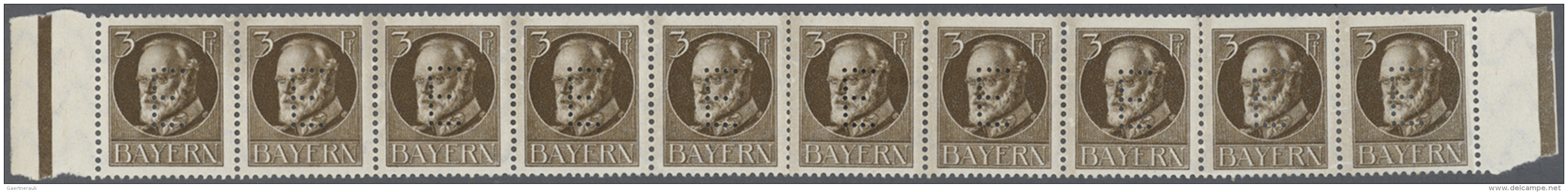 Bayern - Dienstmarken: 1914, 3 Pfg. Dienstmarke Mit Lochung "E" Im Waagerechten Zehnerstreifen Mit Bogenr&auml;ndern (do - Andere & Zonder Classificatie