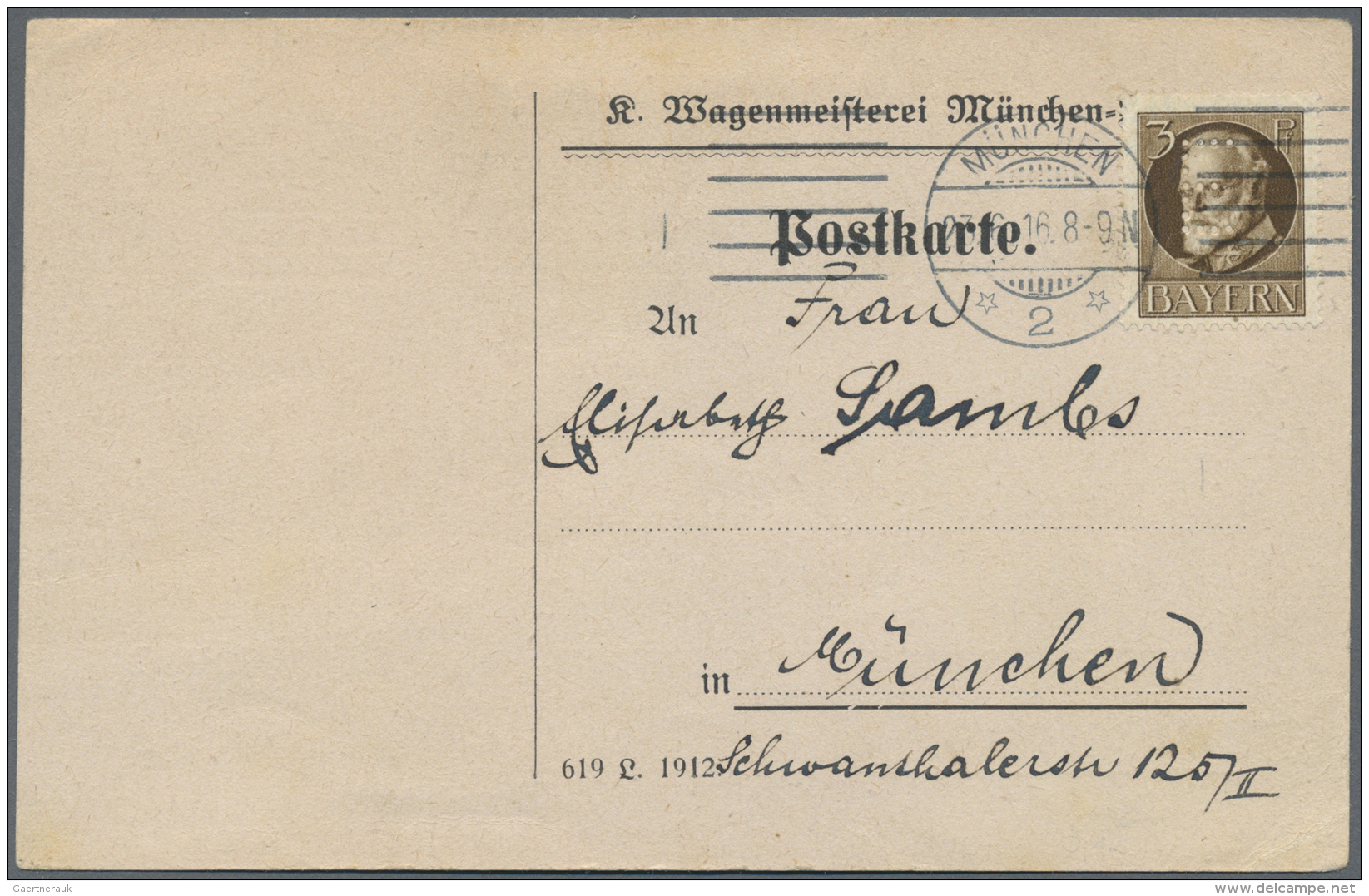 Bayern - Dienstmarken: 1916, 3 Pf. Ludwig Mit E-Lochung Einzeln Auf Sauberer Drucksachenkarte Mit Masch.Stempel M&Uuml;N - Andere & Zonder Classificatie