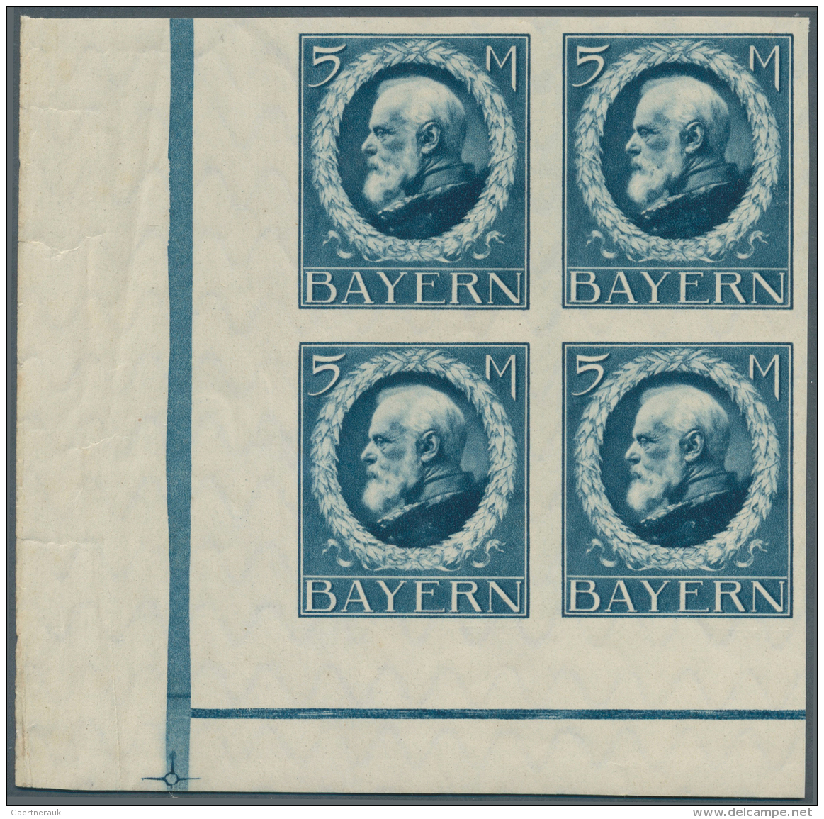 Bayern - Marken Und Briefe: 1914, 5 Mark Luitpold Friedensdruck Im Postfrischen Eckrand-Viererblock Links Unten, Jeder W - Autres & Non Classés