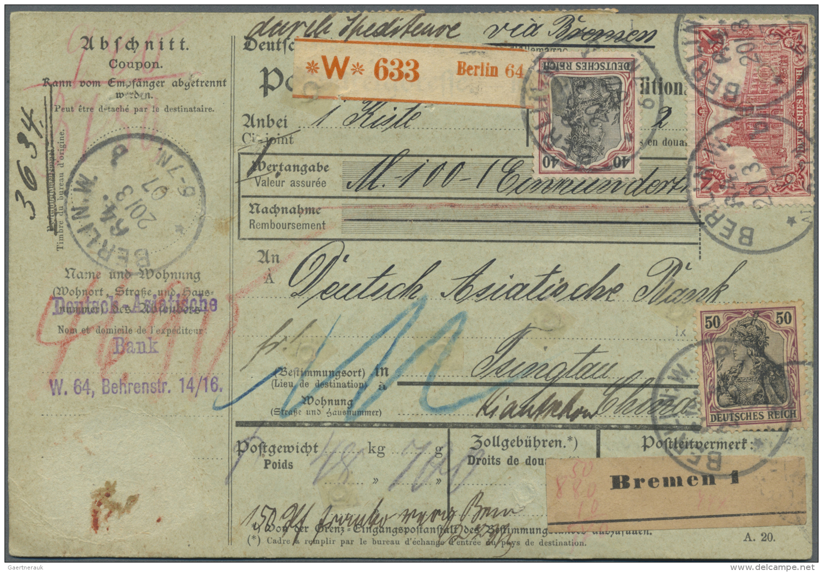 Deutsche Kolonien - Kiautschou - Besonderheiten: Incoming Mail: 1907, 5 M. (9), 1 M., 50 Pfg. Und 40 Pfg. Germania Vorde - Kiaochow