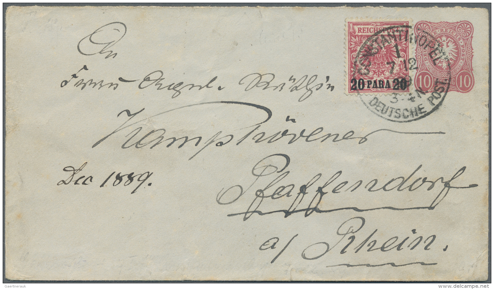 Deutsche Post In Der T&uuml;rkei: 1889: 10 Pfg Karmin Ganzsachenumschlag (kleines Format) Mit Zufrankierter 20 P Auf 10 - Turquie (bureaux)